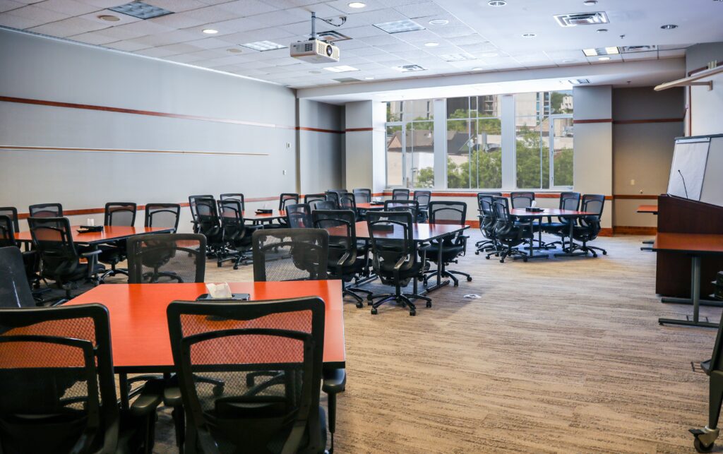 Tables arranged in meeting pods