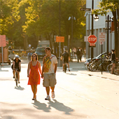 People walking down State Street in Madison